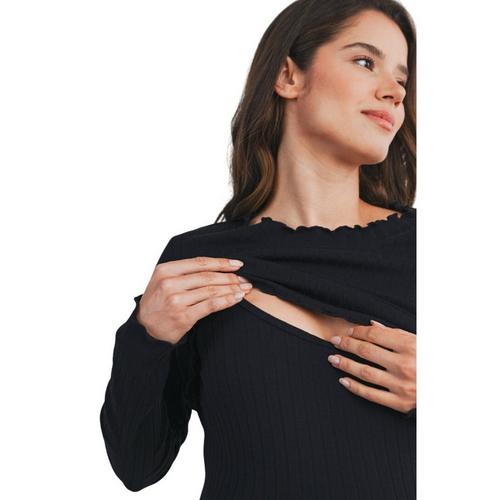 Women's Hello Miz Maternity Ribbed Lettuce Trim Nursing Friendly Long Sleeve T-Shirt - Primary Image