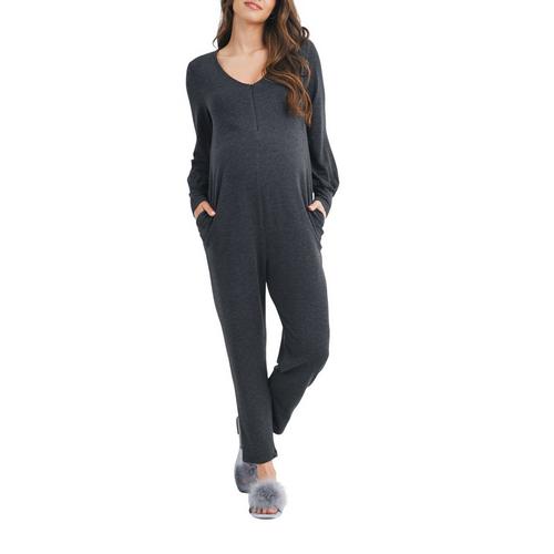 Women's Hello Miz French Terry Zip Front Nursing Friendly Long Sleeve Jumpsuit - Primary Image
