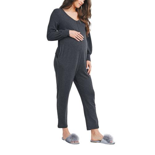Women's Hello Miz French Terry Zip Front Nursing Friendly Long Sleeve Jumpsuit - Primary Image
