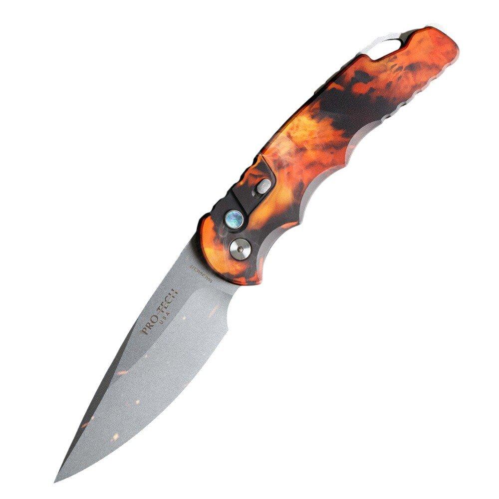 Pro-Tech T4101-DF Tactical Response 4 Stonewashed Del Fuego Aluminum Drop Point Folding Automatic Knife - Pro-Tech