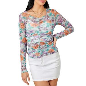 Women's Mystree Floral Ruching Long Sleeve V-Neck Shirt