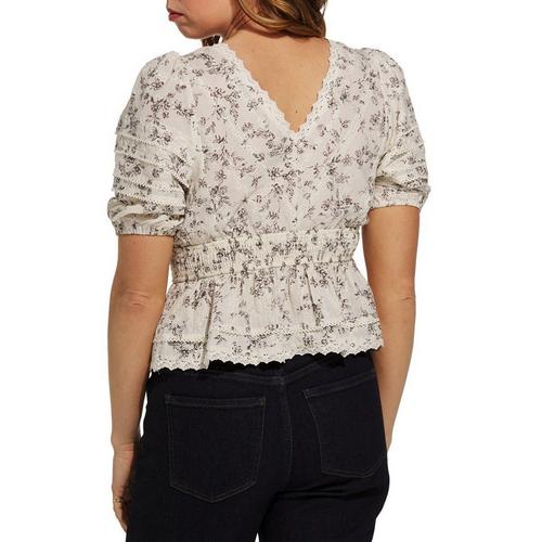 Women's DRESS FORUM Honey Butter Lace Trim Smocked Waist Peplum V-Neck Shirt - Primary Image