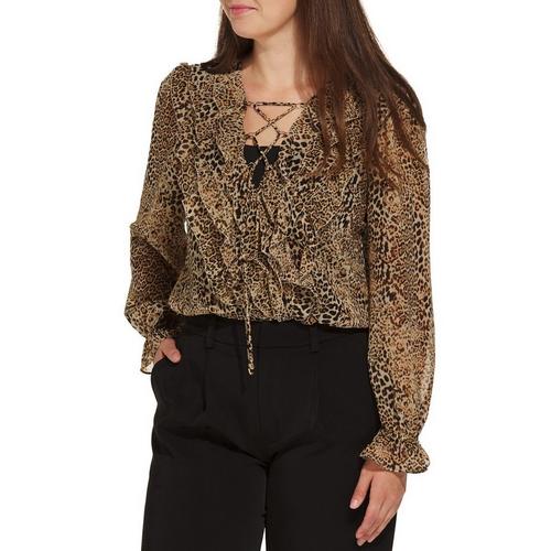 Women's DRESS FORUM Animal Print Long Sleeve V-Neck Blouse - Primary Image