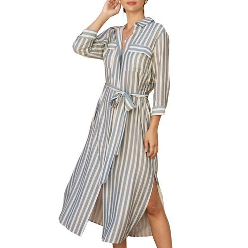 Women's DRESS FORUM Saltwater Stripe Belted 3/4 Sleeve Maxi Shirt Dress - Primary Image