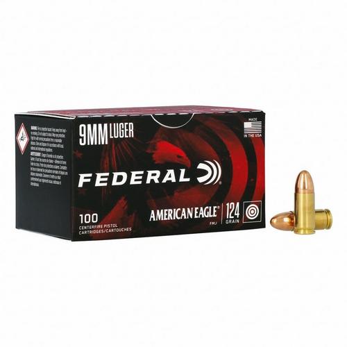 Federal American Eagle FMJ 9mm Handgun Ammunition 100 Round Box - Primary Image