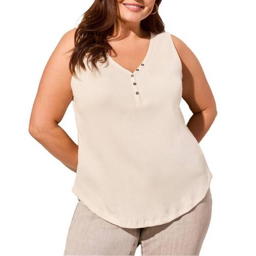 Women's Tribal Plus Size Solid Henley Sleeveless Scoop Neck Shirt - Primary Image