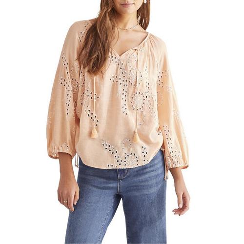 Women's Tribal Ruched 3/4 Sleeve Notch Neck Blouse - Primary Image