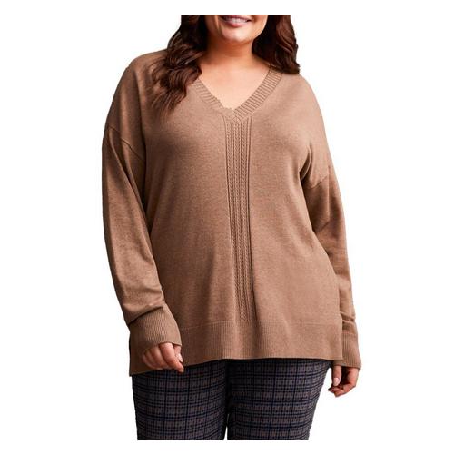 Women's Tribal Plus Size Cable Detail V-Neck Pullover Sweater - Primary Image