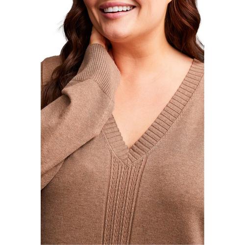 Women's Tribal Plus Size Cable Detail V-Neck Pullover Sweater - Primary Image