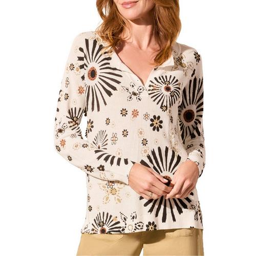 Women's Tribal Flowy Floral Notch Neck Pullover Sweater - Primary Image