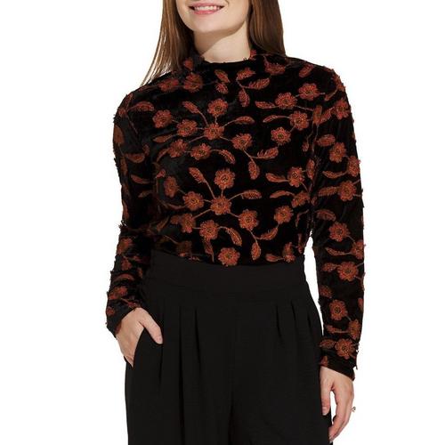 Women's Tribal Embellished Velvet Long Sleeve Mock Neck Shirt - Primary Image