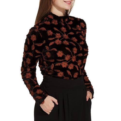 Women's Tribal Embellished Velvet Long Sleeve Mock Neck Shirt - Primary Image