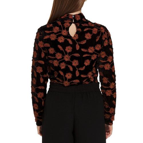 Women's Tribal Embellished Velvet Long Sleeve Mock Neck Shirt - Primary Image