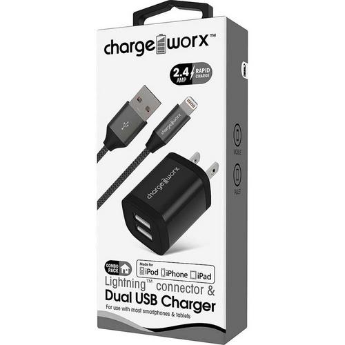 Chargeworx 2.4A Dual USB Metal Wall Charger & Lightning Cable - Primary Image