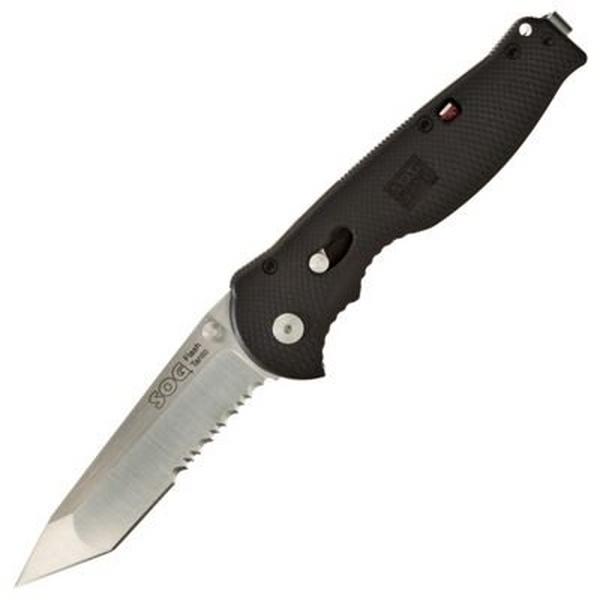 SOG Flash II Tanto Serrated Satin Folding Black Pocket Knife