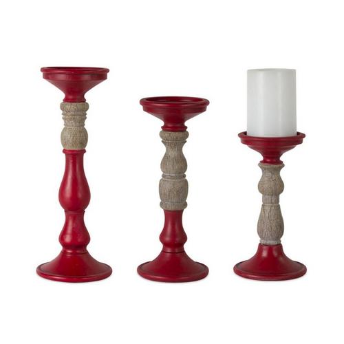Melrose International Red Candle Holder with Wood Accent (Set of 3) - Primary Image