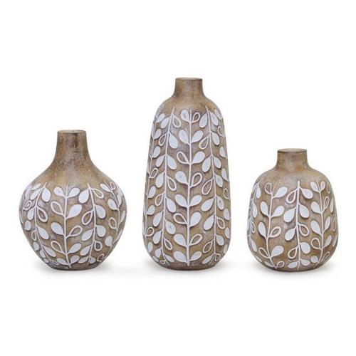 Melrose International Leaf Print Vase with Wood Design (Set of 3) - Primary Image