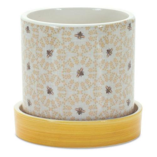 Melrose International Stone Bumble Bee Striped Planter with Plate (Set of 2) - Primary Image