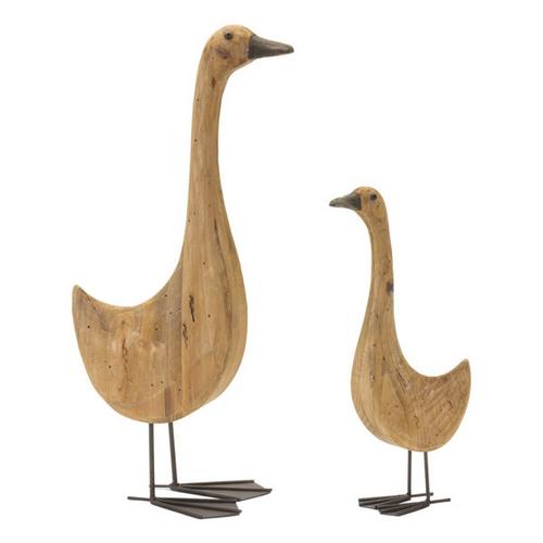 Melrose International Natural Fir Wood Goose Figurine with Rustic Metal Accents (Set of 2) - Primary Image