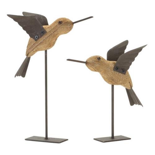 Melrose International Natural Fir Wood Bird Figurine with Rustic Metal Accents (Set of 2) - Primary Image