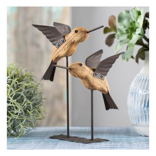 Melrose International Natural Fir Wood Bird Figurine with Rustic Metal Accents (Set of 2) - Primary Image