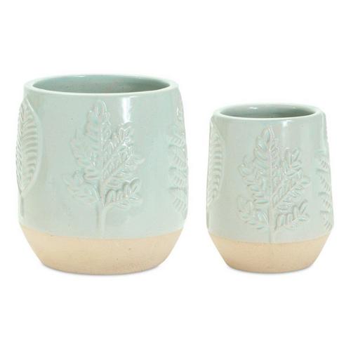 Melrose International Two-Tone Porcealin Planter with Leaf Design (Set of 2) - Primary Image