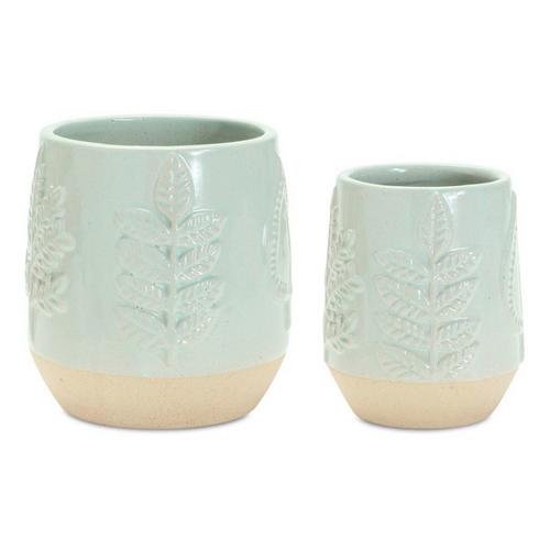 Melrose International Two-Tone Porcealin Planter with Leaf Design (Set of 2) - Primary Image