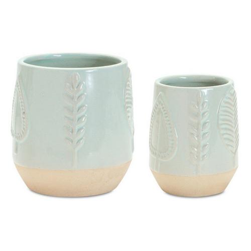 Melrose International Two-Tone Porcealin Planter with Leaf Design (Set of 2) - Primary Image