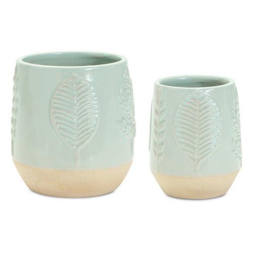 Melrose International Two-Tone Porcealin Planter with Leaf Design (Set of 2) - Primary Image