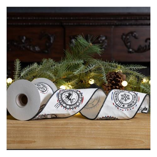 Melrose International 4" x 5 Yds. North Pole Stamp Wired Cotton Ribbon (Set of 2) - Primary Image