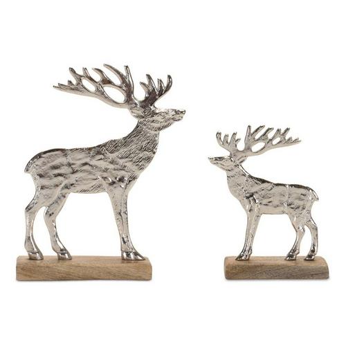 Melrose International 7in and 9.5in Aluminum Deer on Wood Base Dcor (Set of 2) - Primary Image