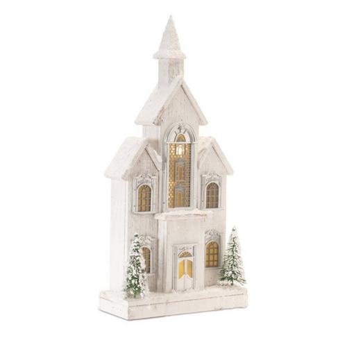 Melrose International LED Flocked Wooden Church 22"H - Primary Image