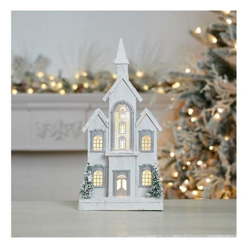 Melrose International LED Flocked Wooden Church 22"H - Primary Image