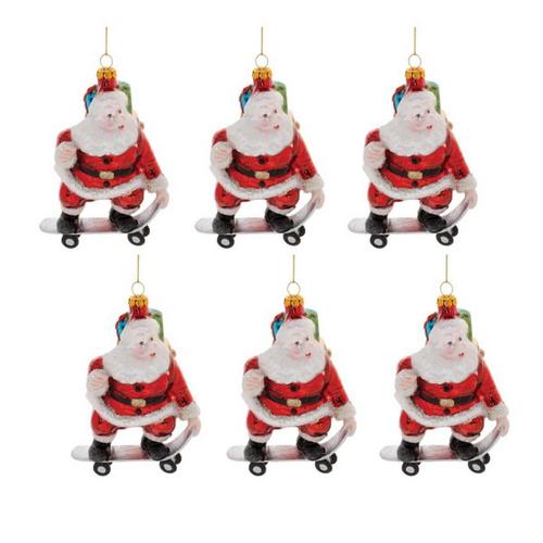 Melrose International Glass Skateboarding Santa Oranment (Set of 6) - Primary Image