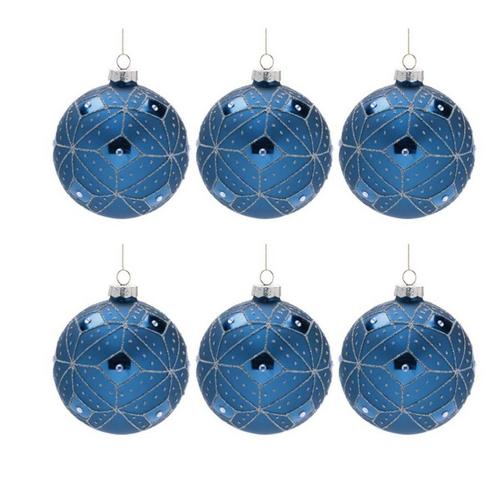 Melrose International Geometric Glittered Blue Glass Ball Ornament (Set of 6) - Primary Image