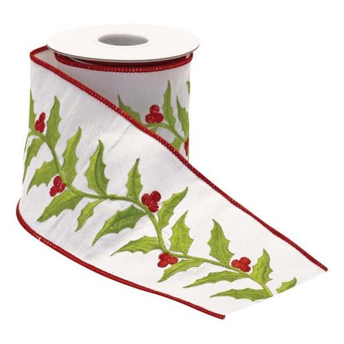 Melrose International Embroidered Holly Leaf Wired Ribbon 4" x 5 Yds. - Primary Image