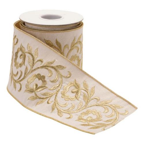 Melrose International Ornate Embroidered Leaves Wired Ribbon 4" x 5 Yds. - Primary Image