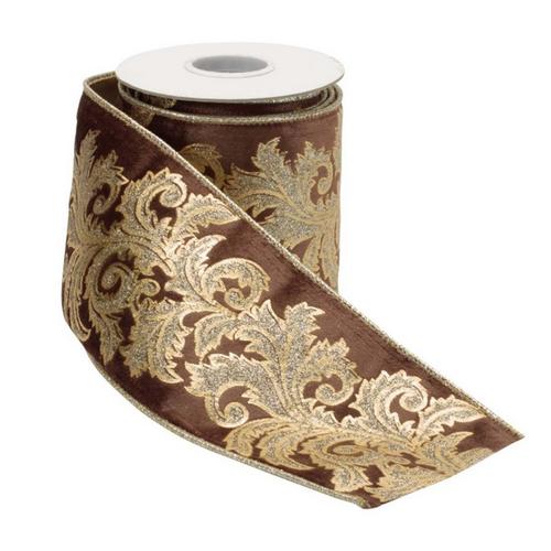 Melrose International Embroidered Brown Damask Wired Ribbon 4" x 5 Yds. - Primary Image