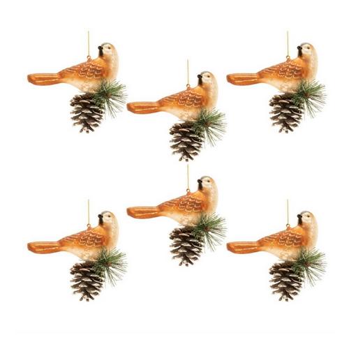 Melrose International Glittered Glass Bird and Piencone Ornament (Set of 6) - Primary Image