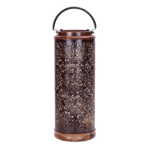 Melrose International Punched Metal Lantern with Natural Wood Accents 19"H - Primary Image