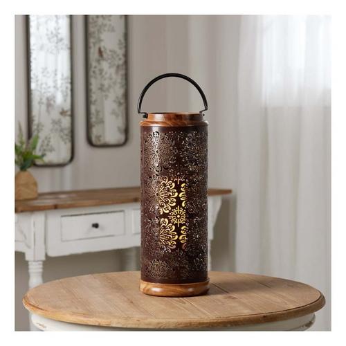 Melrose International Punched Metal Lantern with Natural Wood Accents 19"H - Primary Image