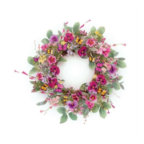 Melrose International Mixed Pansy Foral and Butterfly Wreath 22"D - Primary Image