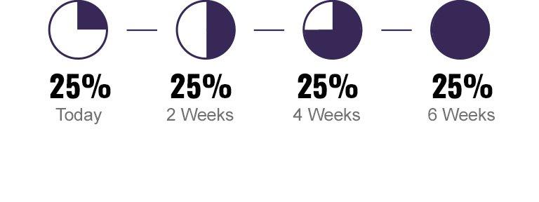 25% Today, 25% in 2 Weeks, 25% in 4 Weeks, 25% in 6 Weeks