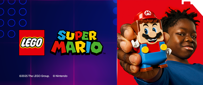 Lego and Super Mario Logos. Image of person holding Super Mario Lego figure