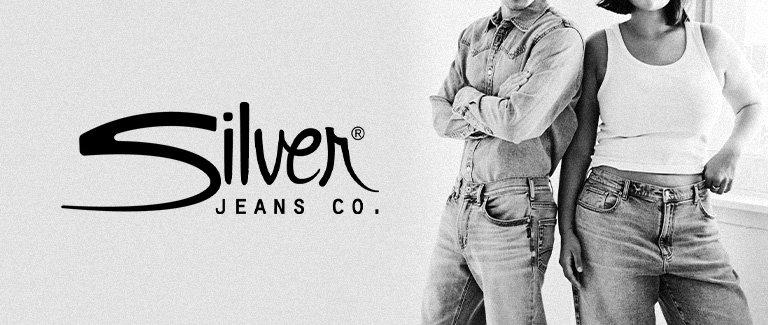 Black and White Image of People Wearing Silver Jeans. Silver Jeans Co. Logo.