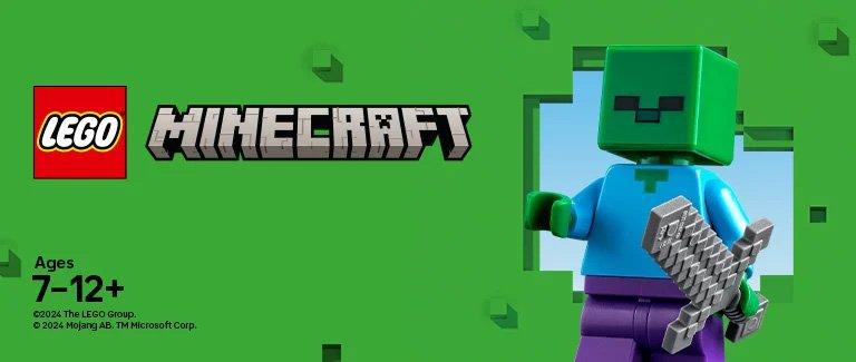 Minecraft and Lego logos with minecraft zombie