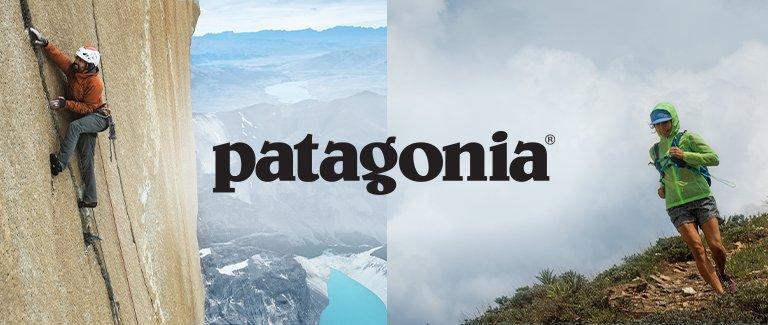 Patagonia logo: lifestyle image of a person mountain climbing and running