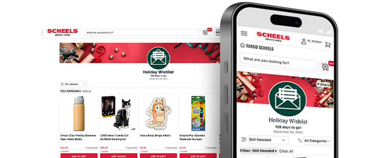 Phone and website mock up of SCHEELS Christmas Wish List