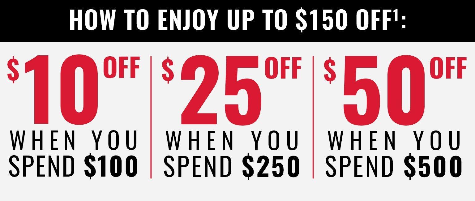 $10 off when you spend $100, $25 off when you spend $250, $50 off when you spend $500