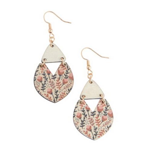 Jolie Wooden Floral Print Triangle Earrings - Primary Image